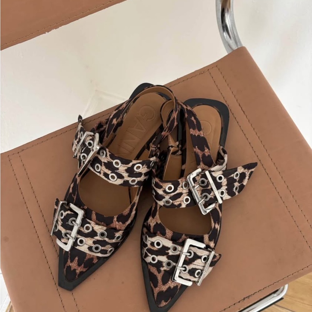 Ganni Black and Brown Patterned Flats with Silver Buckles